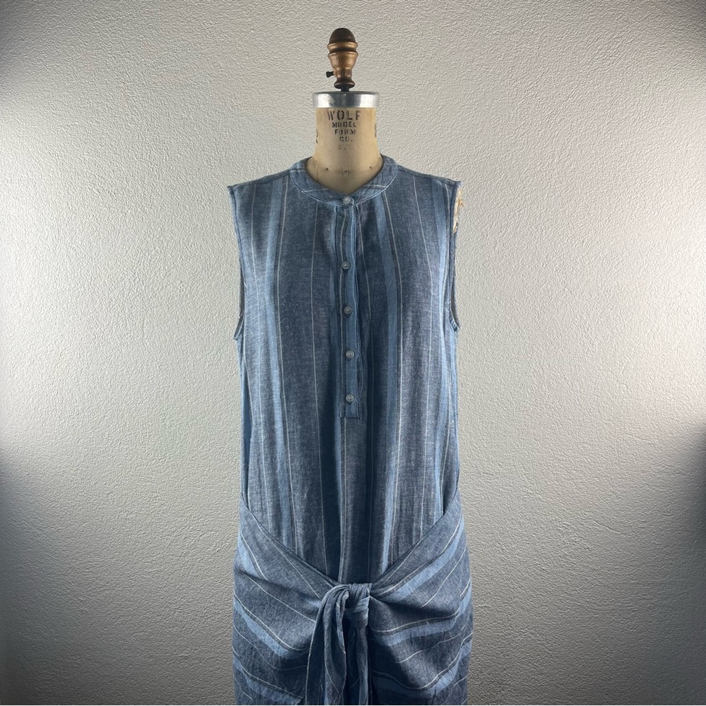 Anthropologie l L DREW Nautical Linen Blend Striped Henley Tie Wrap Skirt Dress